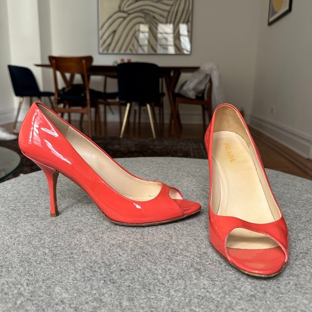 Prada Peep Toe Patent Leather Pumps - Coral Orange Shoes - Size 40